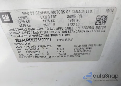 2015 GMC Terrain Sle-1 из США, поврежденный, VIN 2GKALMEK2F6199991